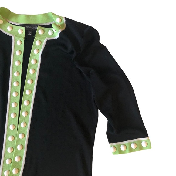 Ming Wang Black Knit Cardigan with Lime Green Trim and White Bead Accents - Picture 7 of 16